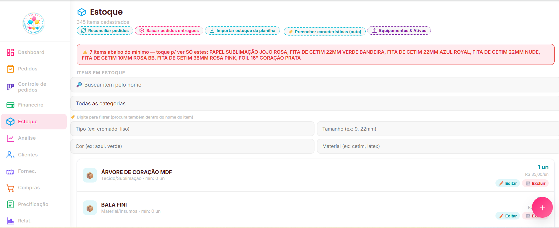 Controle de estoque com aviso de item abaixo do mínimo