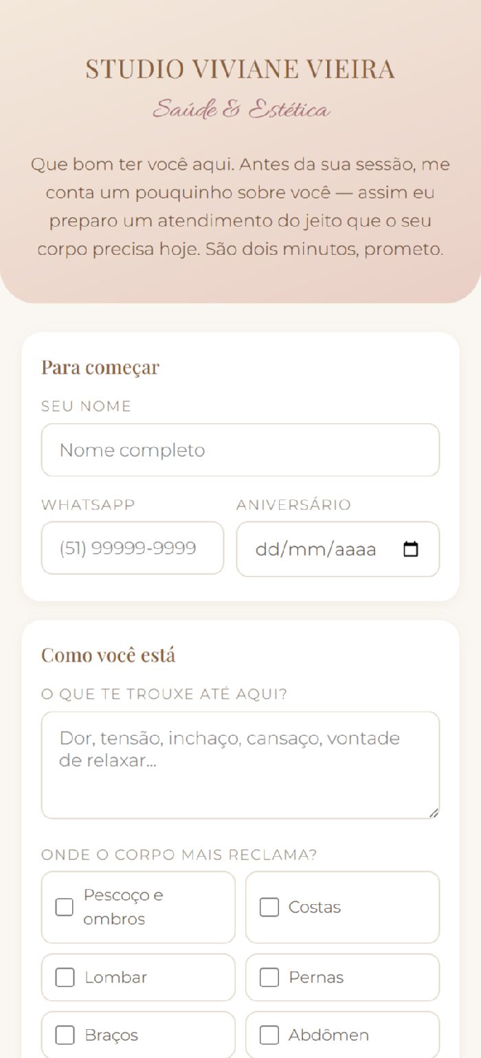 Ficha de anamnese que a cliente preenche no celular